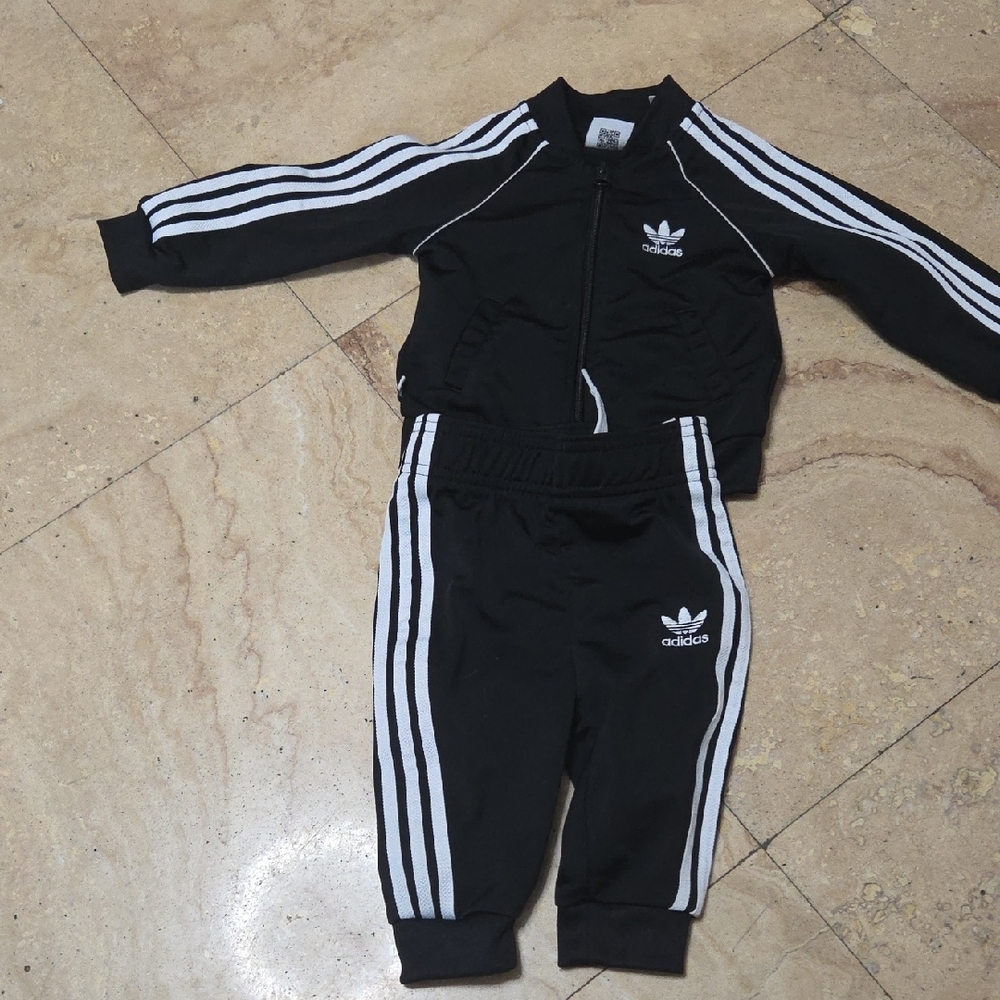Adidas Kids' Black Tracksuit with White Stripes 6 To 9 Month